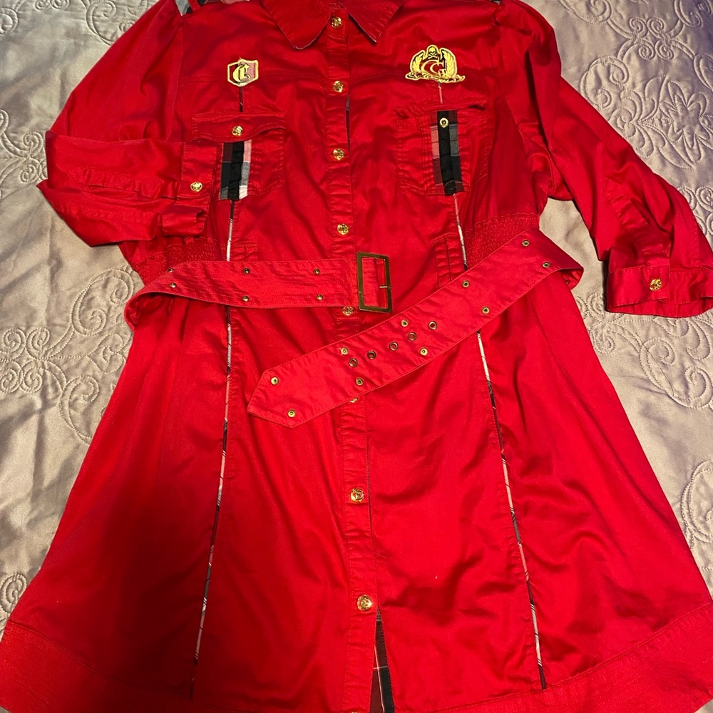 COOGI Red Trench Coat with Belted Waist and Black Accents